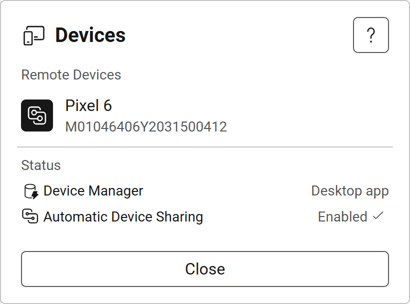 Screenshot of device list dialog, showing automatic device sharing is enabled.