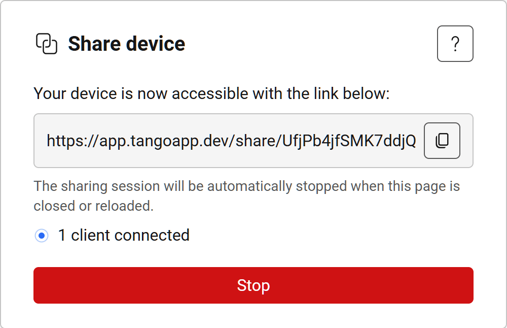 Screenshot of device sharing dialog, including a URL for remote access