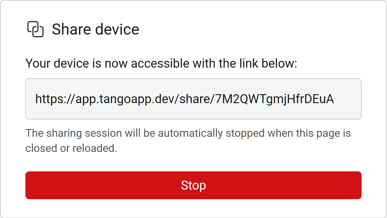 Screenshot of device sharing dialog, including a URL for remote access